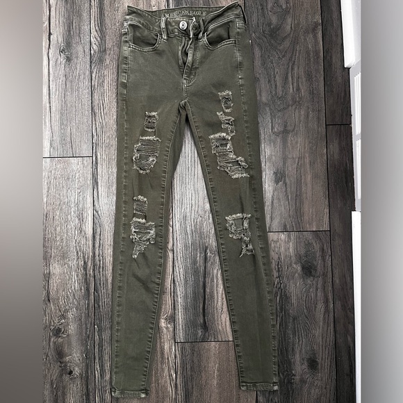 American Eagle Brand Size 00 Distressed Skinny Jeans, Super Stretch, Green - Picture 2 of 6